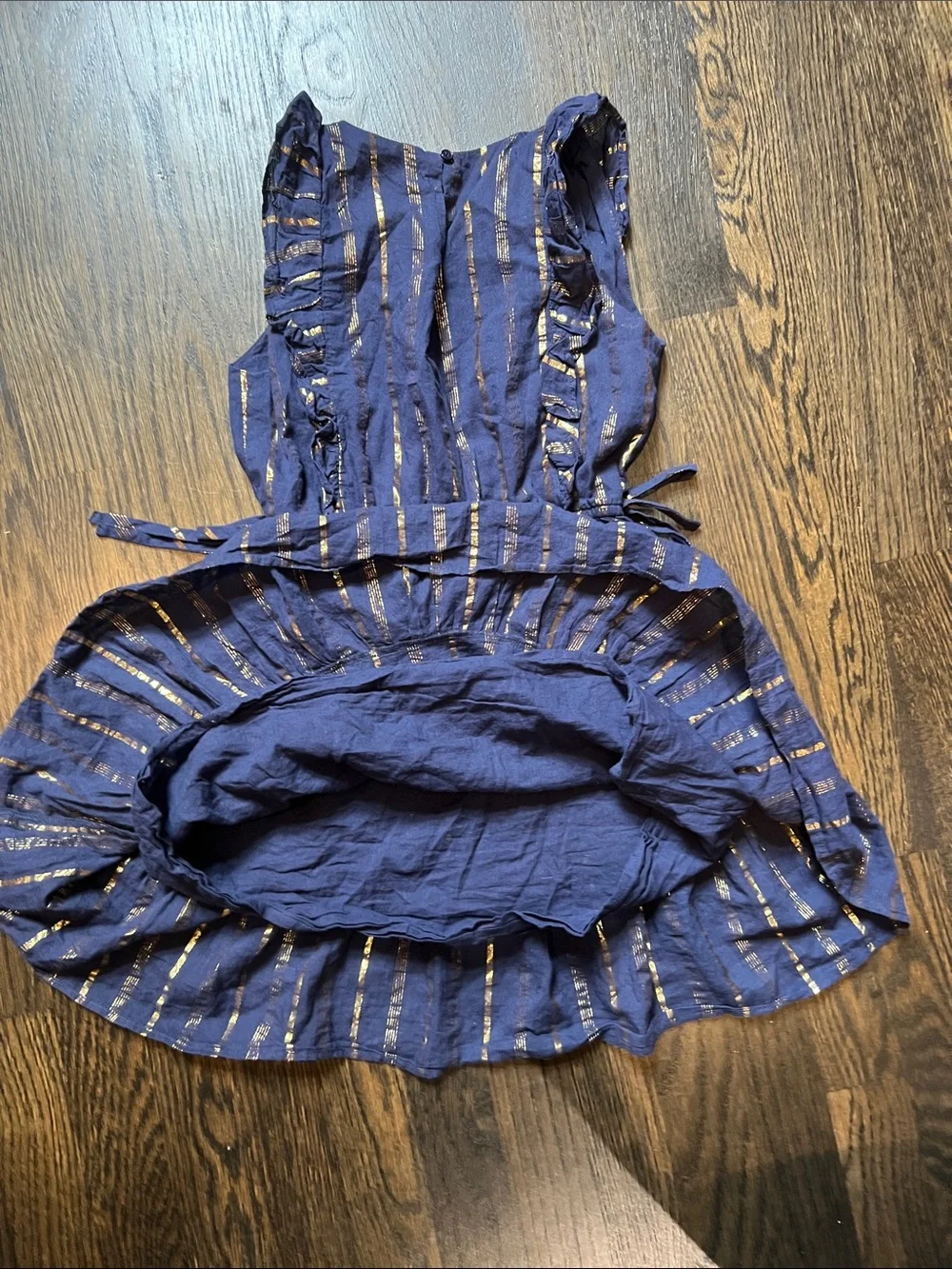 Aqua Girls Navy Blue and Gold Metallic Stripe Dress | M